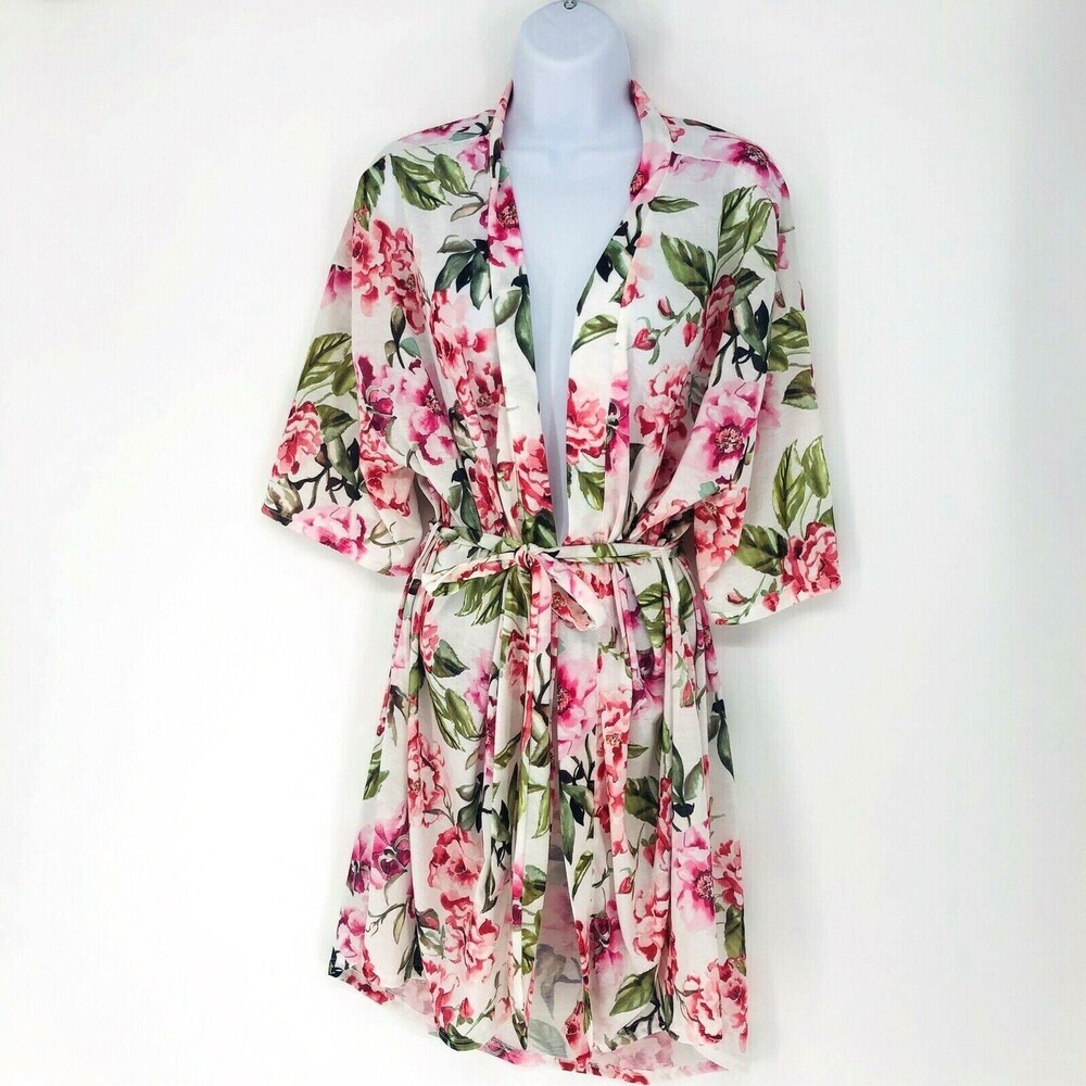Show Me Your MuMu Floral Satin Robe in Pink and Green on Cream